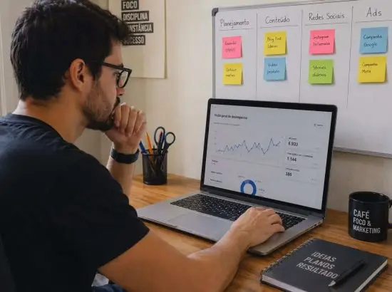 Profissional de marketing digital analisando métricas e campanhas no computador.