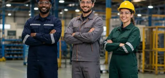 Equipe de profissionais com capacetes e óculos de proteção para ilustrar conteúdo sobre quanto ganha o técnico em segurança do trabalho.